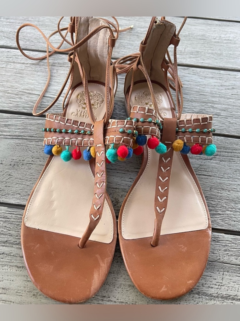 Vince Camuto Balisa Tan Leather Pom-Pom Lace-Up Sandals Womens Size 11